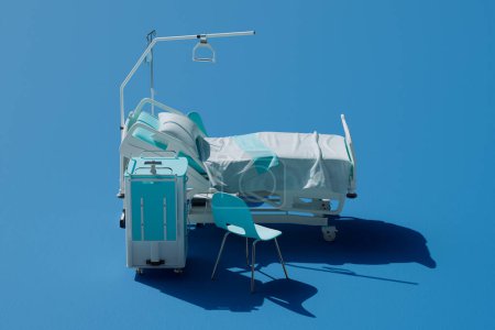 Téléchargez les photos : Un lit médical sur fond bleu. Concept d'un lit de soins intensifs pour les patients. Un environnement serein et stérile pour une récupération optimale du patient. Équipement hospitalier. Soins de santé. Traitement clinique - en image libre de droit