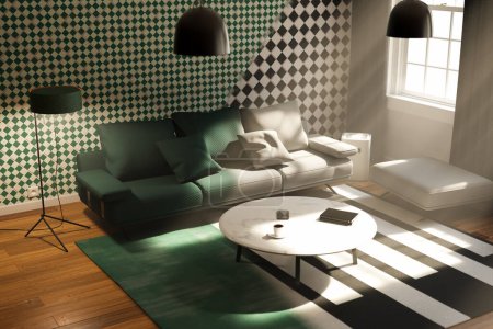 Téléchargez les photos : Un rendu 3D mettant en valeur la transformation d'un intérieur de salon moderne avec un canapé vert. La chambre dispose d'une table basse et d'un tapis. Une ligne diagonale souligne la différence dans les schémas de couleurs. - en image libre de droit