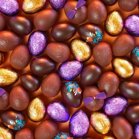 Foto de Colección de leche pequeña y huevos de Pascua de chocolate negro. Cada huevo está decorado de manera única, con algunos envueltos en oro brillante y lámina púrpura, un regalo perfecto para las alegres celebraciones de Pascua.. - Imagen libre de derechos