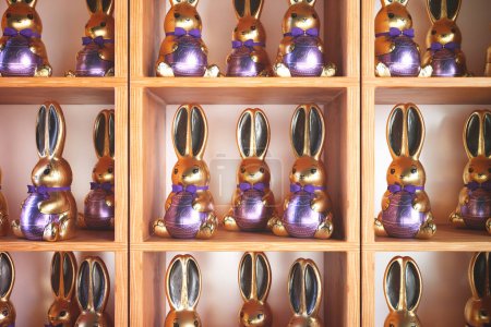 Photo for Display of chocolate Easter bunnies, each wrapped in ornate gold and silver foil. They are lined up neatly on rustic wooden shelves, showcasing the delightful sweet treats of the Easter season. - Royalty Free Image