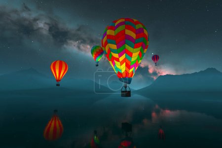 Téléchargez les photos : Des montgolfières colorées et lumineuses qui survolent l'eau pendant la nuit. Grands ballons vibrants multicolores se levant lentement contre un beau ciel étoilé. Voyage, aventure, festival. - en image libre de droit