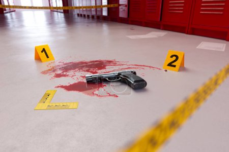 Photo for A haunting 3D rendering of an abandoned weapon in a school hallway. It's in a pool of blood, surrounded by police markers and tape, evidence of a gruesome school shooting. - Royalty Free Image