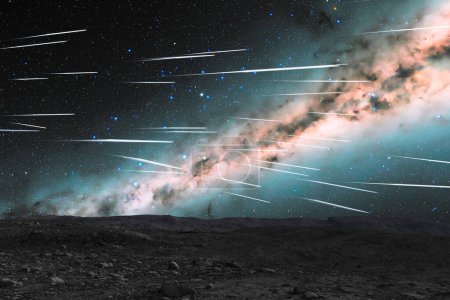 A 3D rendering of a dry, stone desert on a planet's surface. The sky reveals the spectacular Milky Way galaxy, with shooting stars or meteors streaking across the star-studded sky.