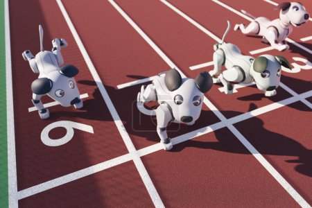 Ilustración 3D sorprendentemente enérgica que muestra un trío de caninos robóticos de alta tecnología, listos para la victoria, en la cúspide de una carrera de pista simulada.