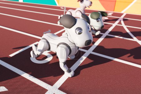 Eine Wettkampfszene auf einer Leichtathletikbahn mit animierten Roboterhunden am Start, die modernste Technologie in einer Rennsituation verkörpern.