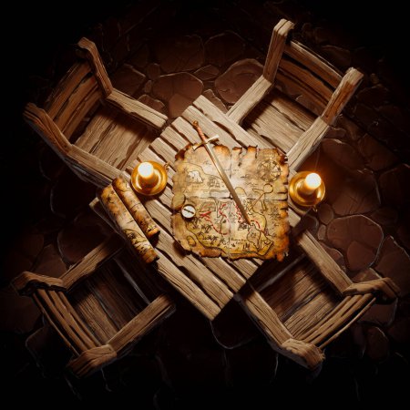 An atmospheric composition featuring a time-worn treasure map, crossed antique swords, and glowing candles arranged on a rustic wood surface, symbolizing historical sea adventures and conquests.