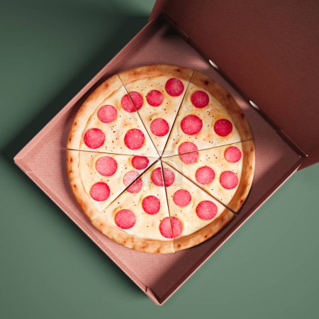 Photo for A tantalizing top view captures a freshly baked pepperoni pizza with gooey cheese, placed in a takeout box against a striking green backdrop  perfect for any foodie's delight - Royalty Free Image