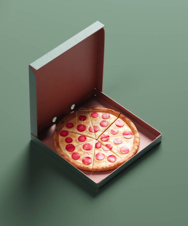 Photo for Top view of a tantalizing whole pepperoni pizza with gooey cheese nestled in a cardboard box, symbolizing quick delivery and convenient dining options. - Royalty Free Image