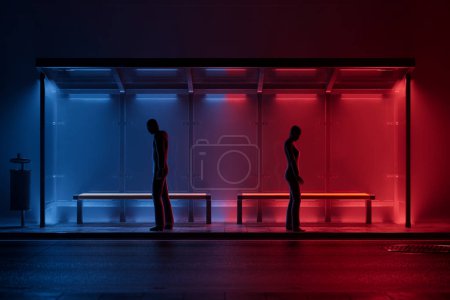 An urban bus stop at night with two silhouetted figures beneath the vibrant glow of red and blue neon lights, evoking a sense of solitude amidst the city's nocturnal pulse.