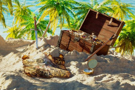 Glistening coins and precious gems overflow from a treasure chest on a sun-drenched beach; an old map, a rusty sword, and compass lie nearby under the shade of swaying palm trees.