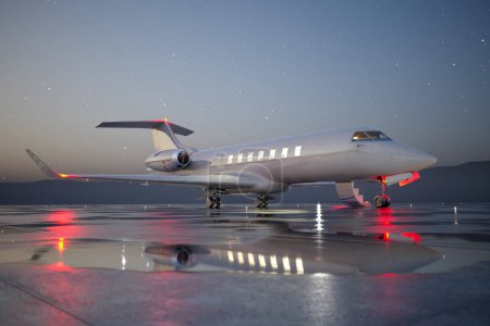 A high-end private jet gleams on a moisture-kissed runway as evening falls. Stars begin to dot the sky, reflecting the pinnacle of exclusive, sumptuous air travel.