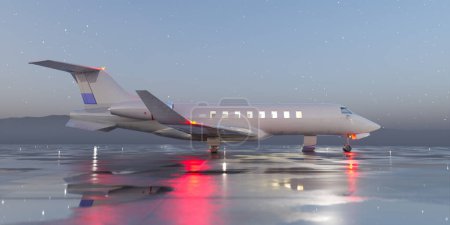 Photo for Elegance meets aviation as this sleek private jet basks under the twilight's starlit sky, mirrored perfectly on the glossy tarmac, evoking tranquil luxury. - Royalty Free Image