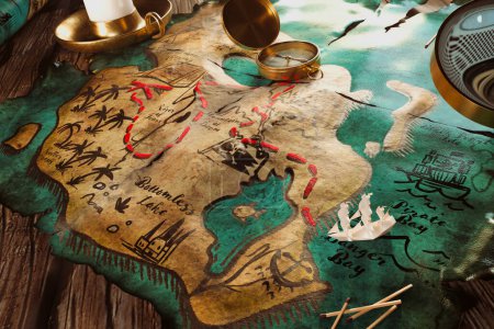 Foto de Mapa del tesoro vintage lleno de tradición pirata, adornado con brújula, bocetos de barcos y monedas de oro esparcidas sobre una superficie de madera rústica, era de viajes por el mar y descubrimientos. - Imagen libre de derechos