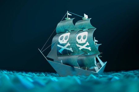 Exquisite artisanal paper model of pirate ship, complete with the legendary skull and crossbones sails, on carefully sculpted turquoise waves, illustrating tales of high seas and hidden treasures.