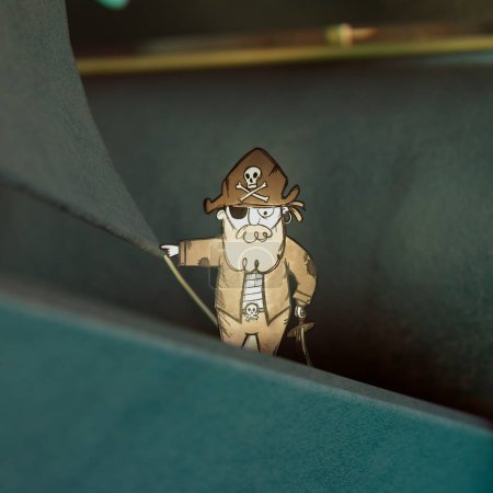 Photo for Vivid illustration captures a mischievous cartoon pirate hiding in the shadows, eye patch in place, with a treasure map in hand, hinting at untold adventures. - Royalty Free Image
