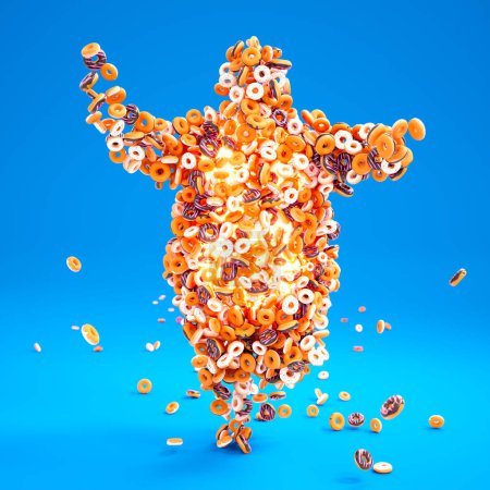 Auffälliges Arrangement mit einer künstlerisch humanoiden Form, sorgfältig zusammengestellt aus einer eklektischen Mischung aus Donuts und Bagels, präsentiert vor lebendigem blauen Hintergrund.