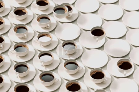 Foto de Vista aérea que captura un patrón estéticamente agradable de tazas de café de cerámica blanca rebosante de café negro humeante, emparejado con platillos en una superficie ricamente texturizada. - Imagen libre de derechos