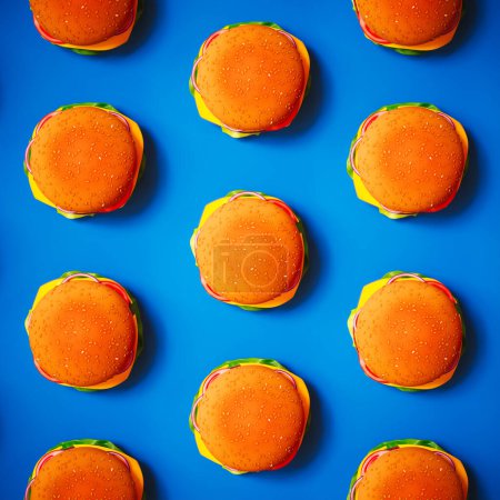 Photo for Striking flat lay of cheeseburgers forming a seamless pattern on a bright blue backdrop captures the essence of pop art with a flavorful twist, perfect for design and food themes. - Royalty Free Image
