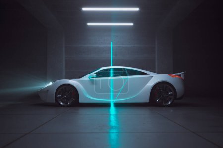 Elegantly crafted, state-of-the-art electric sports car displayed within the confines of a dimly illuminated, contemporary concrete garage, exuding luxury and advanced design.