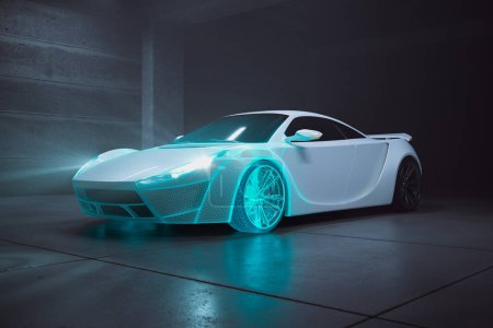 Strikingly sleek, this 3D-rendered electric sports car exudes modernity with its futuristic design, glowing blue accents, and setting in a minimalist concrete urban garage.