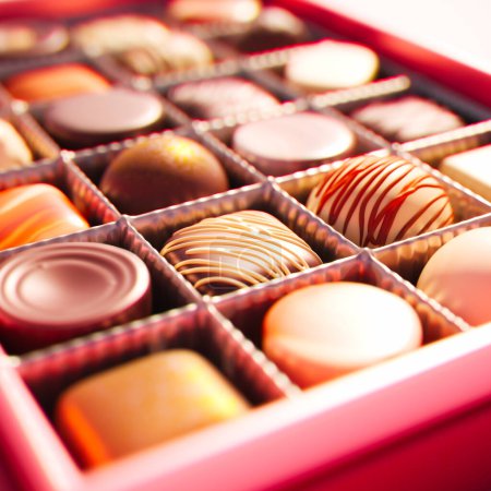 Téléchargez les photos : Un étalage opulent de chocolats gastronomiques assortis aux motifs complexes, enveloppés dans une boîte-cadeau rouge sophistiquée idéale pour les occasions spéciales et les célébrations. - en image libre de droit