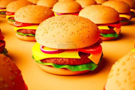 Eine verspielte und künstlerische Ausstellung mit Miniatur-Burgermodellen mit überdimensionalen Toppings auf leuchtend orangefarbenem Hintergrund, perfekt für abstrakte kulinarische Themen.