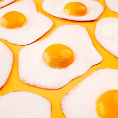 Foto de Una presentación culinaria agradable con una colección de huevos perfectamente cocidos y soleados, elegantemente posicionados sobre un fondo amarillo vivo, evocando un alegre tema de desayuno.. - Imagen libre de derechos