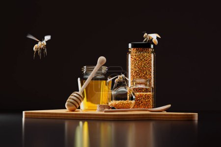 Téléchargez les photos : Pot artisanal rempli de miel doré avec une trempette en bois, aux côtés de granules de pollen d'abeille, accentué par des abeilles ornementales sur un fond rustique en bois foncé. - en image libre de droit