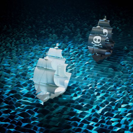 Foto de Distintiva ilustración digital que representa veleros en origami navegando por un mar geométrico abstracto, uno coronado con una bandera pirata de cráneo y huesos cruzados, evocando una mezcla de aventura y serenidad. - Imagen libre de derechos