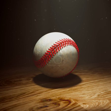 Téléchargez les photos : Une balle de baseball emblématique, bien usée, avec des coutures rouge vif, positionnée sur le fond texturé d'une surface en bois altérée, partiellement entourée d'ombres. - en image libre de droit