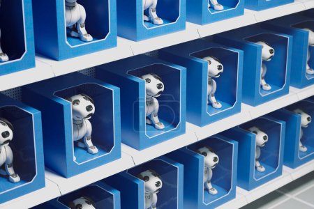 Una serie de juguetes caninos robóticos perfectamente alineados en los estantes de las tiendas, encerrados en un sorprendente envase azul, que simboliza los avances en robótica de consumo y entretenimiento impulsado por la IA.