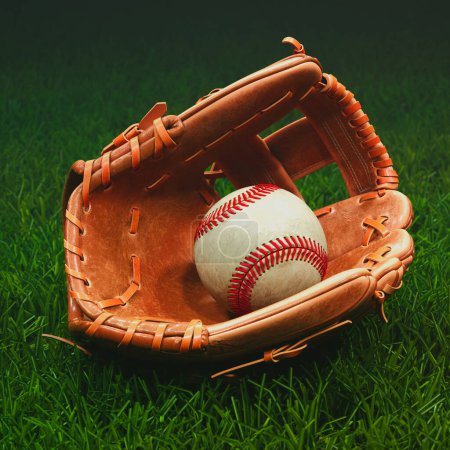 Foto de Un guante de béisbol de cuero genuino bien utilizado acuna una pelota de béisbol prístina en un campo de hierba verde esmeralda, evocando un sentido del juego, la competencia y la nostalgia.. - Imagen libre de derechos