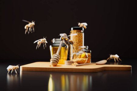 Illustration fantaisiste d'abeilles vives bourdonnant autour de pots remplis de miel et de rayons de miel, disposées sur une surface en bois rustique avec un fond sombre accentuant la chaleur de la scène.