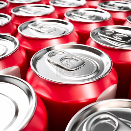 High-angle, close-up shot showcasing a collection of red aluminum cans arranged neatly. Perfect for advertising and environmental themes.