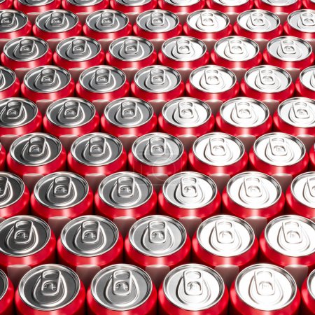 Una vista aérea y cercana de una disposición ordenada de latas de refrescos rojos, que presenta un patrón visualmente llamativo formado por sus tapas y pestañas brillantes..