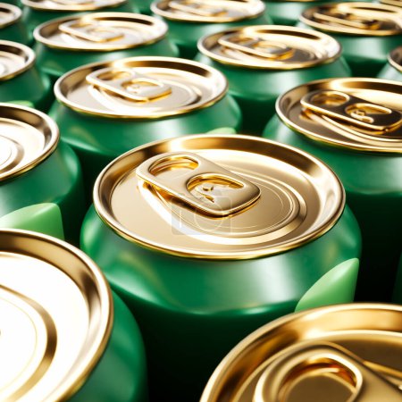 Una fotografía detallada exhibe un grupo de latas de bebidas de aluminio dorado brillante con un enfoque en sus tapas metálicas y diseño industrial, destacando la textura y la simetría.