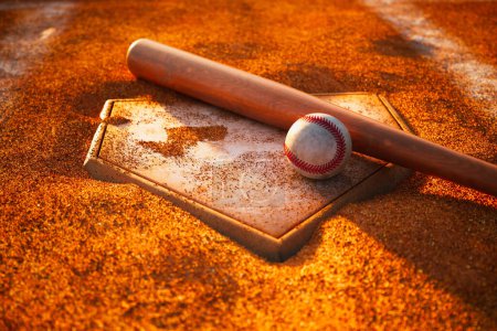 Photo for An evocative scene of a well-used baseball and bat lying on a dusty home plate, bathed in the soft, golden light of a fading sunset, symbolizing the timeless spirit of baseball. - Royalty Free Image