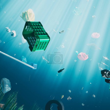 Foto de Una visión profunda de la contaminación oceánica capturada bajo el agua con un carrito de compras descuidado en medio de escombros de plástico dispersos, iluminados inquietantemente por la luz solar natural. - Imagen libre de derechos