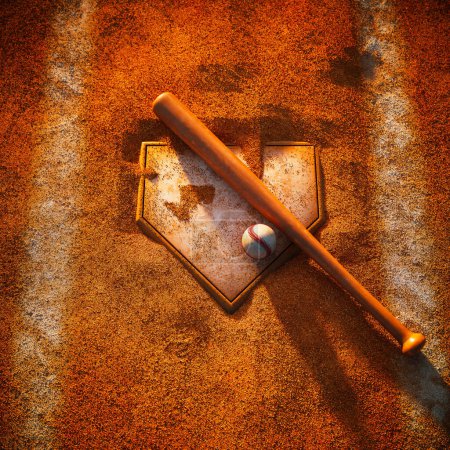 Téléchargez les photos : Un gros plan capturant les détails texturés d'une batte de baseball aguerri et utilisé balle reposant sur la plaque de la maison, entouré par le champ intérieur poussiéreux. - en image libre de droit