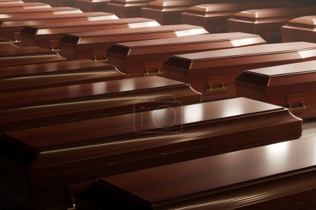Un intérieur sombre d'entrepôt avec rangées sur rangées de cercueils en bois hautement polis, reflétant la réalité dégrisante de la fin de la vie et de l'industrie derrière elle.