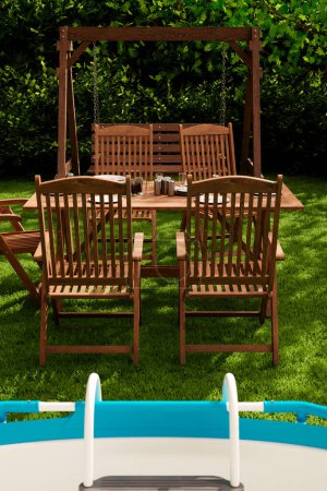 Téléchargez les photos : Exquise scène de repas en plein air avec une table en bois, des chaises et une balançoire à côté d'une piscine scintillante, invitant à la détente et au divertissement au milieu de l'étreinte paisible de la nature. - en image libre de droit