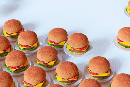 Photo for Delight in the visual feast of multiple cheeseburgers with toppings perfectly layered, presented on individual plates against a clean white backdrop, inviting a taste of American classic comfort food. - Royalty Free Image