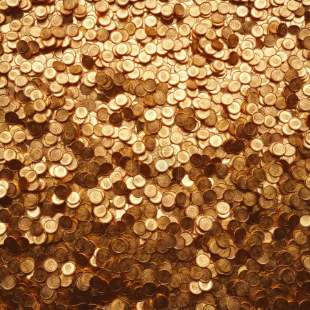 Foto de Primer plano capturando un gran montón de monedas de color oro, que representan conceptos de acumulación de riqueza, éxito financiero, crecimiento de la inversión y estabilidad económica. - Imagen libre de derechos