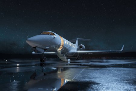 A sleek private jet stands on a shimmering runway, bathed in the glow of nighttime lights, symbolizing elite travel and unparalleled convenience in a tranquil airport setting.