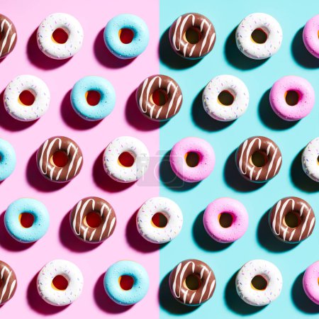 Photo for A delightful display of colorful frosted donuts enticing the senses, neatly arranged on a split pink and blue backdrop for a striking contrast and visual appeal. - Royalty Free Image