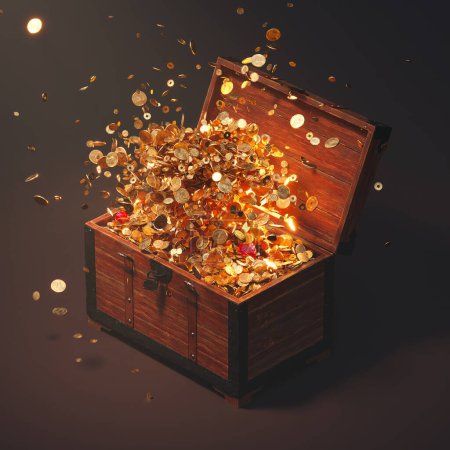 Photo for Discover a magical scene: an antique treasure chest filled to the brim with radiant gold, silver, and copper coins, symbolizing endless wealth, on a mysterious dark background. - Royalty Free Image