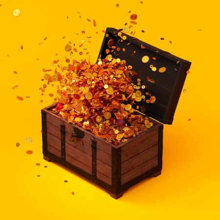 A captivating image showcasing a wooden treasure chest filled to the brim with glistening gold coins set against a striking yellow background, emblematic of vast wealth and opulence.