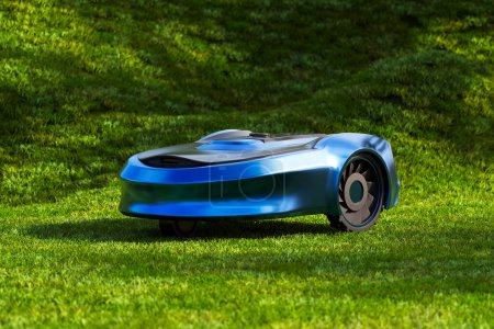 Photo for Experience cutting-edge lawn maintenance with this autonomous robotic lawn mower as it trims grass with precision on a vibrant, sunny day, epitomizing modern garden care. - Royalty Free Image