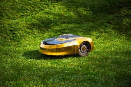Téléchargez les photos : Faites l'expérience de l'avancement du jardinage à domicile avec une tondeuse robotisée en or à la fine pointe de la technologie traversant l'herbe verte vibrante, assurant une pelouse parfaitement entretenue avec une efficacité remarquable. - en image libre de droit