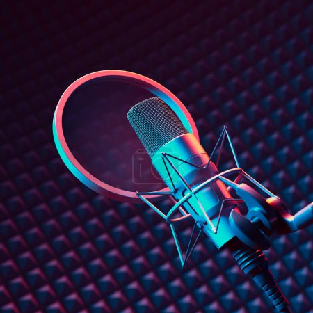 Photo for A dynamic studio microphone with a pop filter is highlighted under captivating neon lighting, providing a sleek, professional look against a textured, dark backdrop. - Royalty Free Image